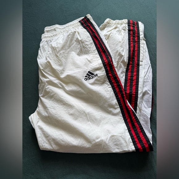 VTG Adidas Track Pants 3 Stripe 90's White Red Windbreaker Medium - Picture 1 of 7